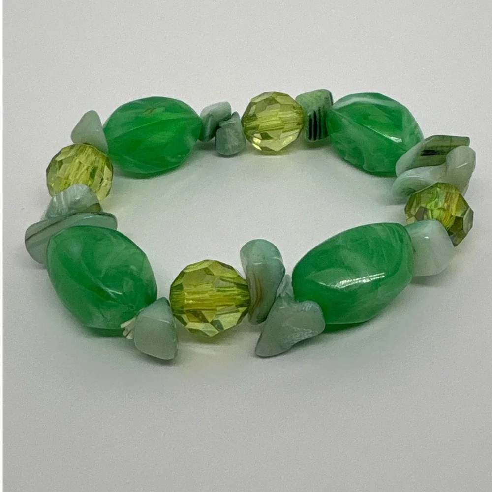 Fun Retro Boho Green Beaded Stretch Bracelet Fashion Jewelry Statement Accessory